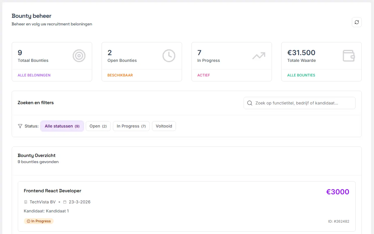 Bounty-beheer met open, in progress en voltooide statussen