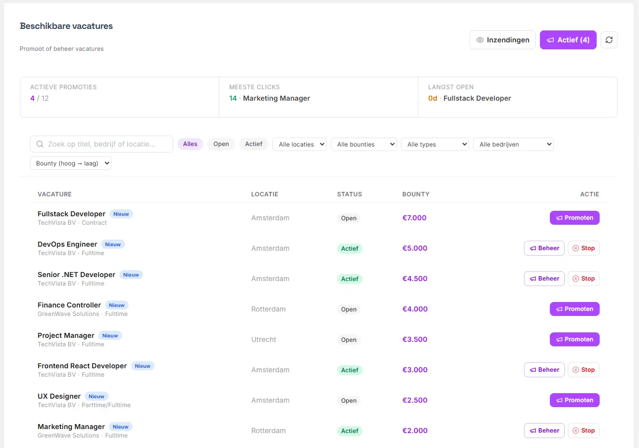 Recruiter marketplace met live bounty's en Promoten-knoppen